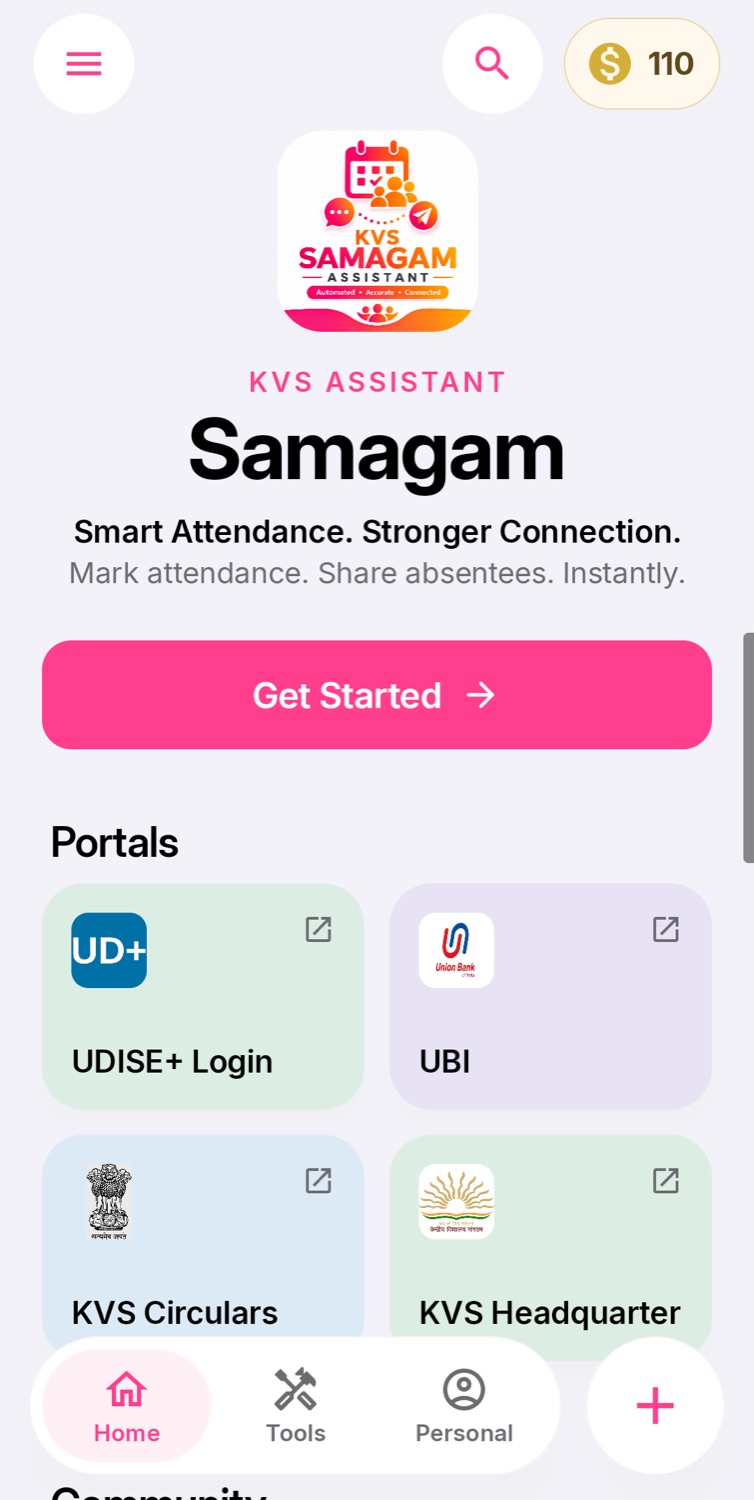 Samagam Assistant home screen with portal cards