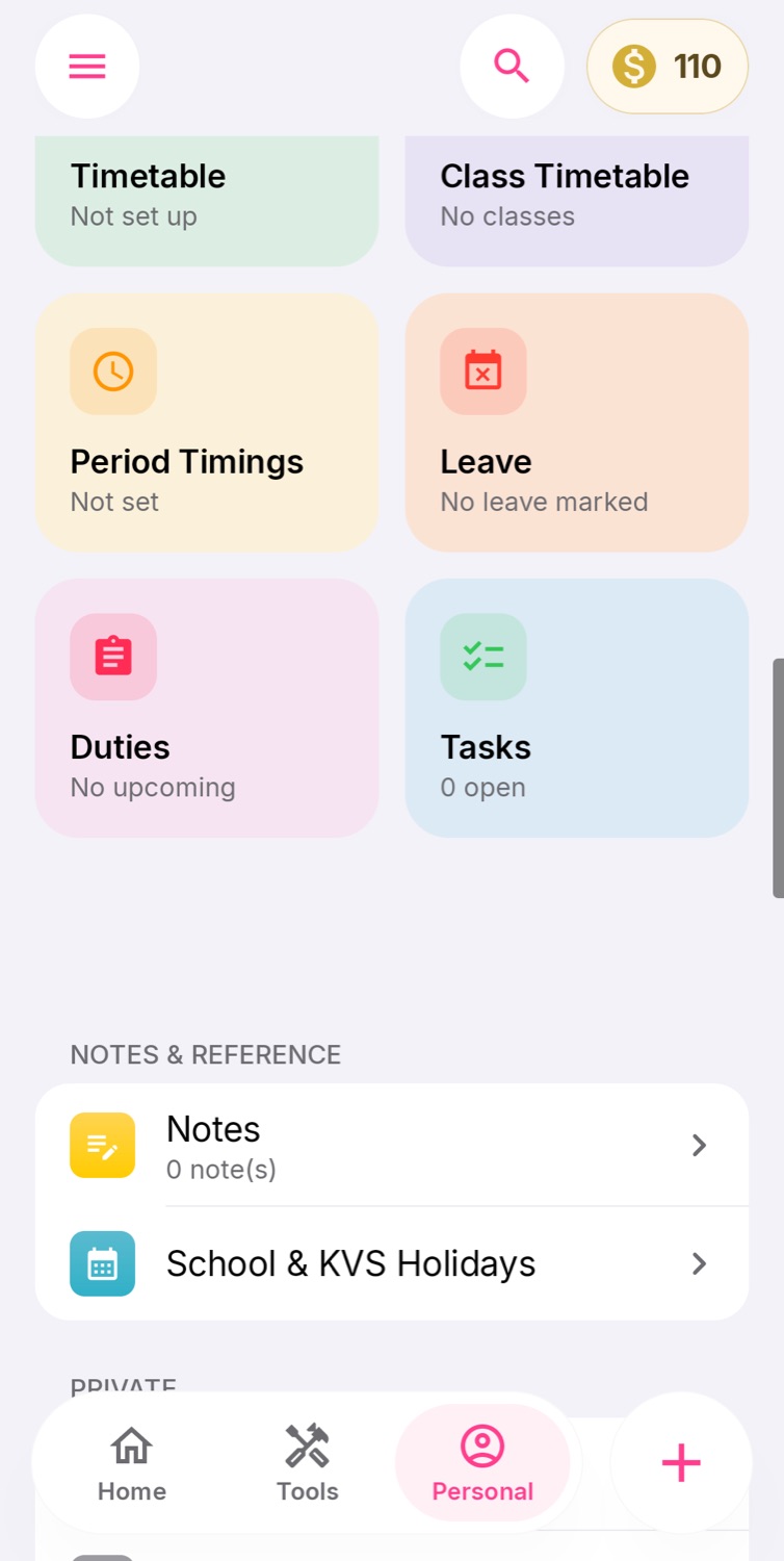 Personal space with timetable, leave, duties and tasks