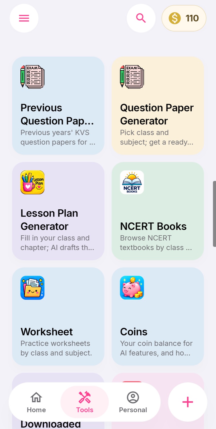 Tools screen with question papers, lesson plans and NCERT books
